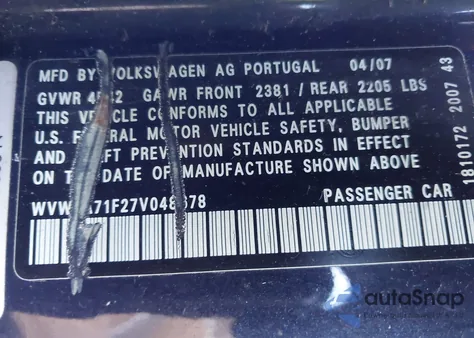2007 Volkswagen Eos 2.0T from USA, damaged, VIN WVWFA71F27V048678